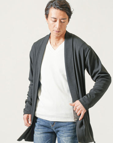 ランダムテレコ素材ボタンレス長袖ロングカーディガン