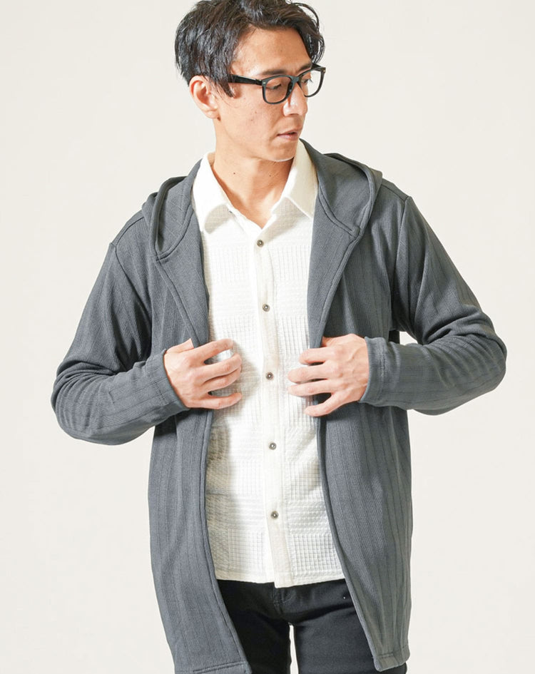 ランダムテレコボタンレスフード付き長袖フーディガン