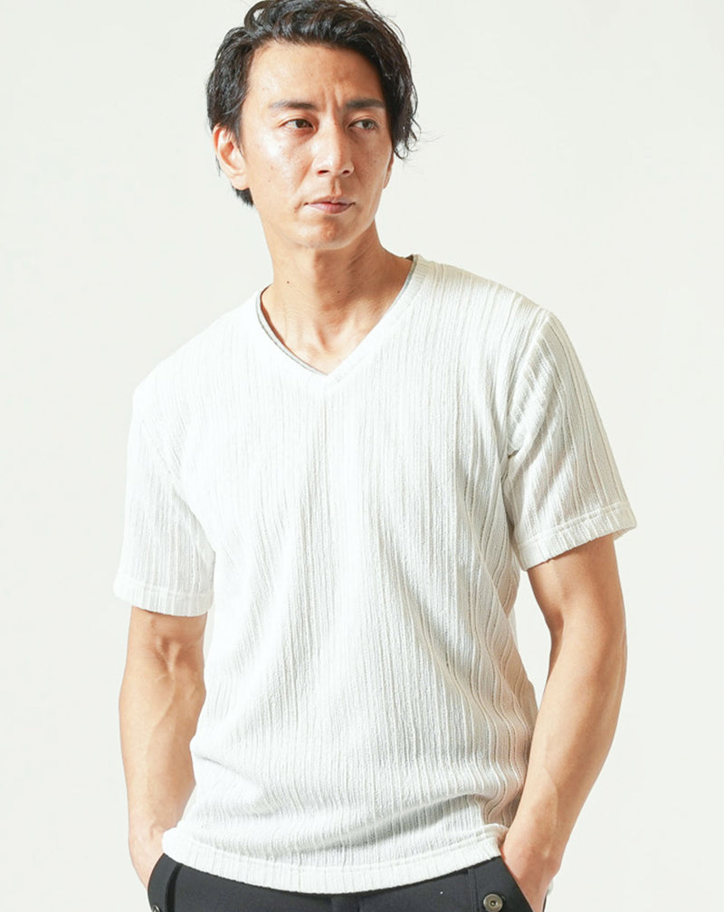 フェイクレイヤードタックテレコVネック半袖Tシャツ