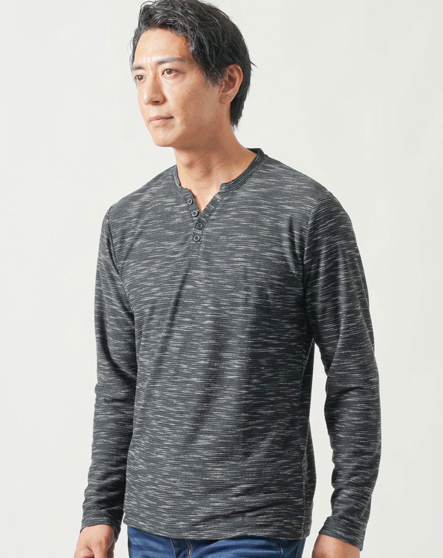 ヘンリーネック杢デザイン長袖Tシャツ Tシャツ カットソー メンズ 長袖 vネック おしゃれ ブランド 人気 おすすめ 無地 コーデ 40代 50代 タイダイ染め スリム 細身 ちょいワル イケオジ インナー