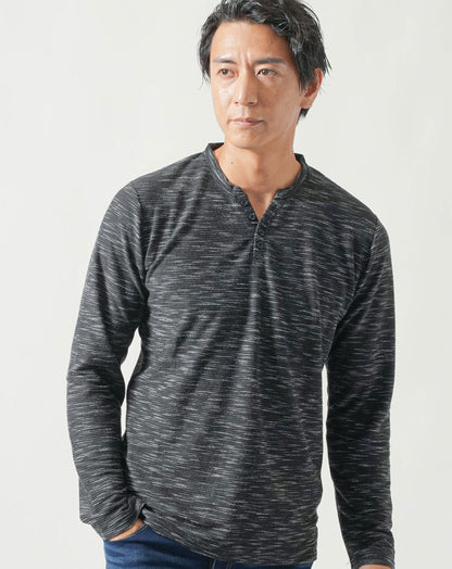 ヘンリーネック杢デザイン長袖Tシャツ Tシャツ カットソー メンズ 長袖 vネック おしゃれ ブランド 人気 おすすめ 無地 コーデ 40代 50代 タイダイ染め スリム 細身 ちょいワル イケオジ インナー