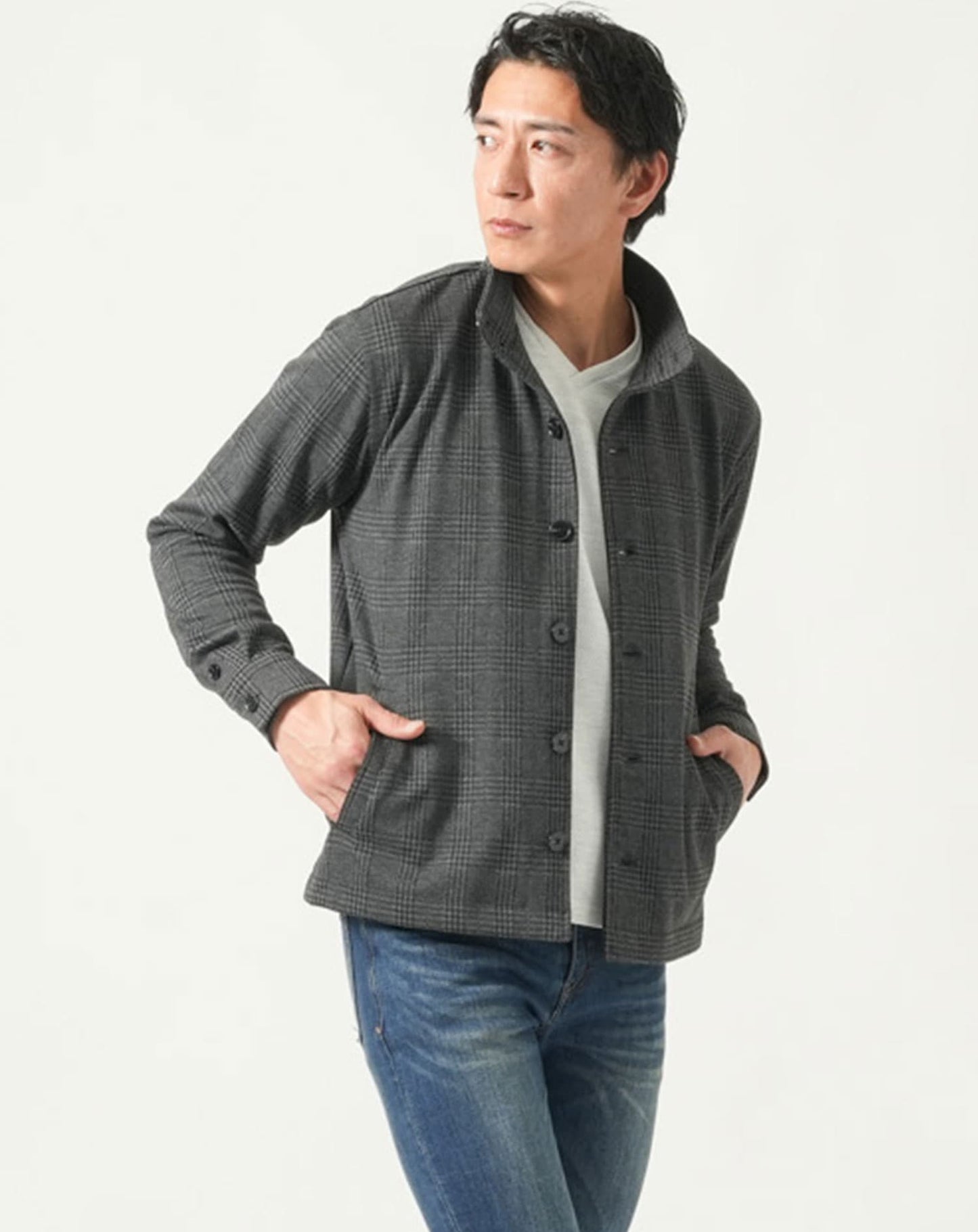 グレンチェックスタンドカラー長袖ジャケット