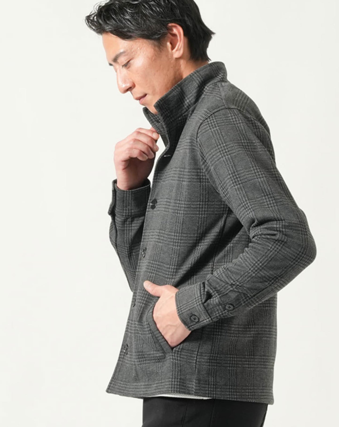 グレンチェックスタンドカラー長袖ジャケット