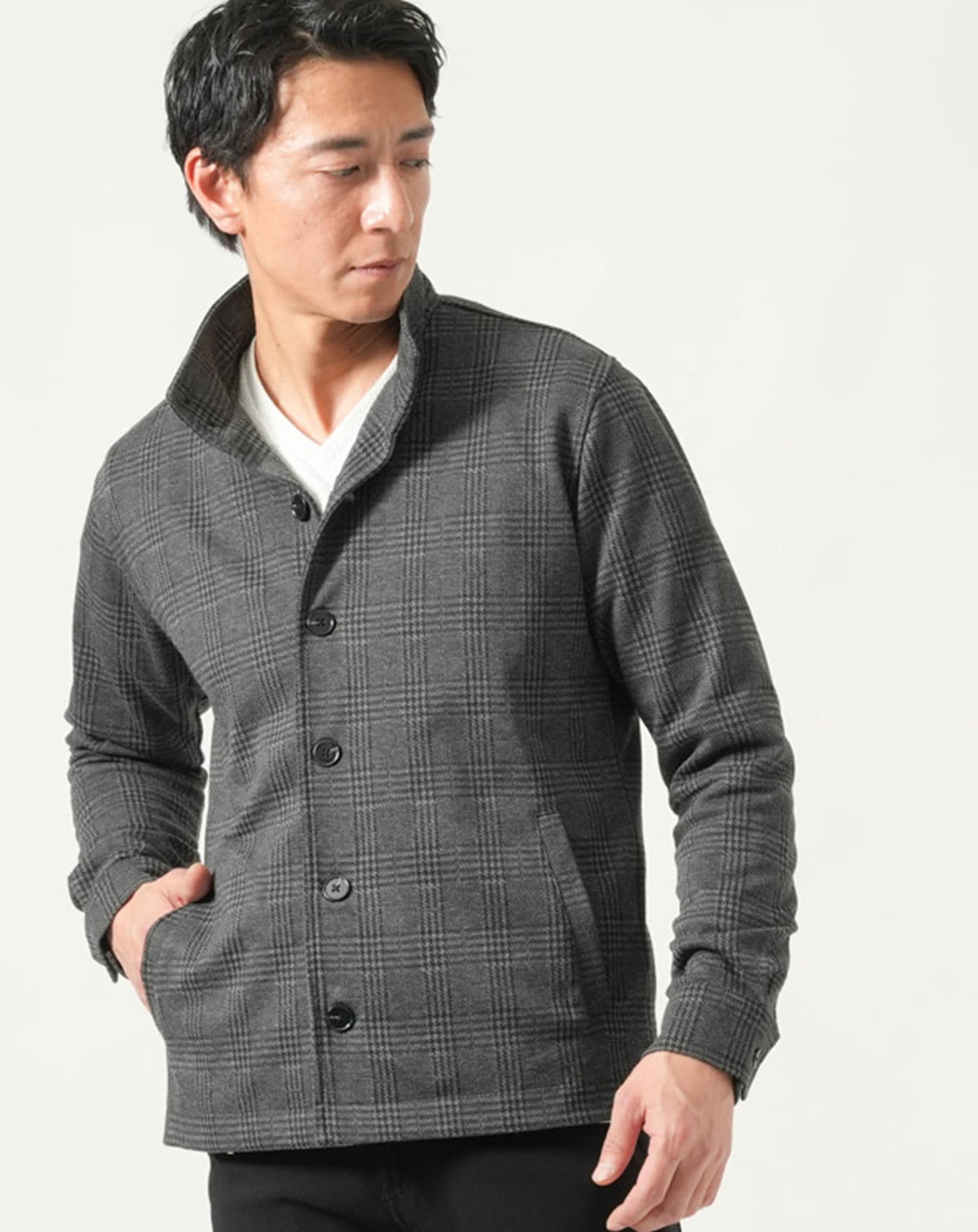 グレンチェックスタンドカラー長袖ジャケット