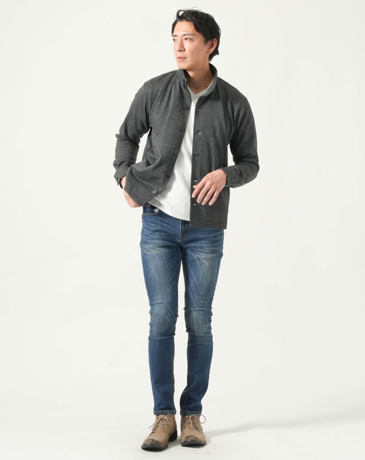 グレンチェックスタンドカラー長袖ジャケット