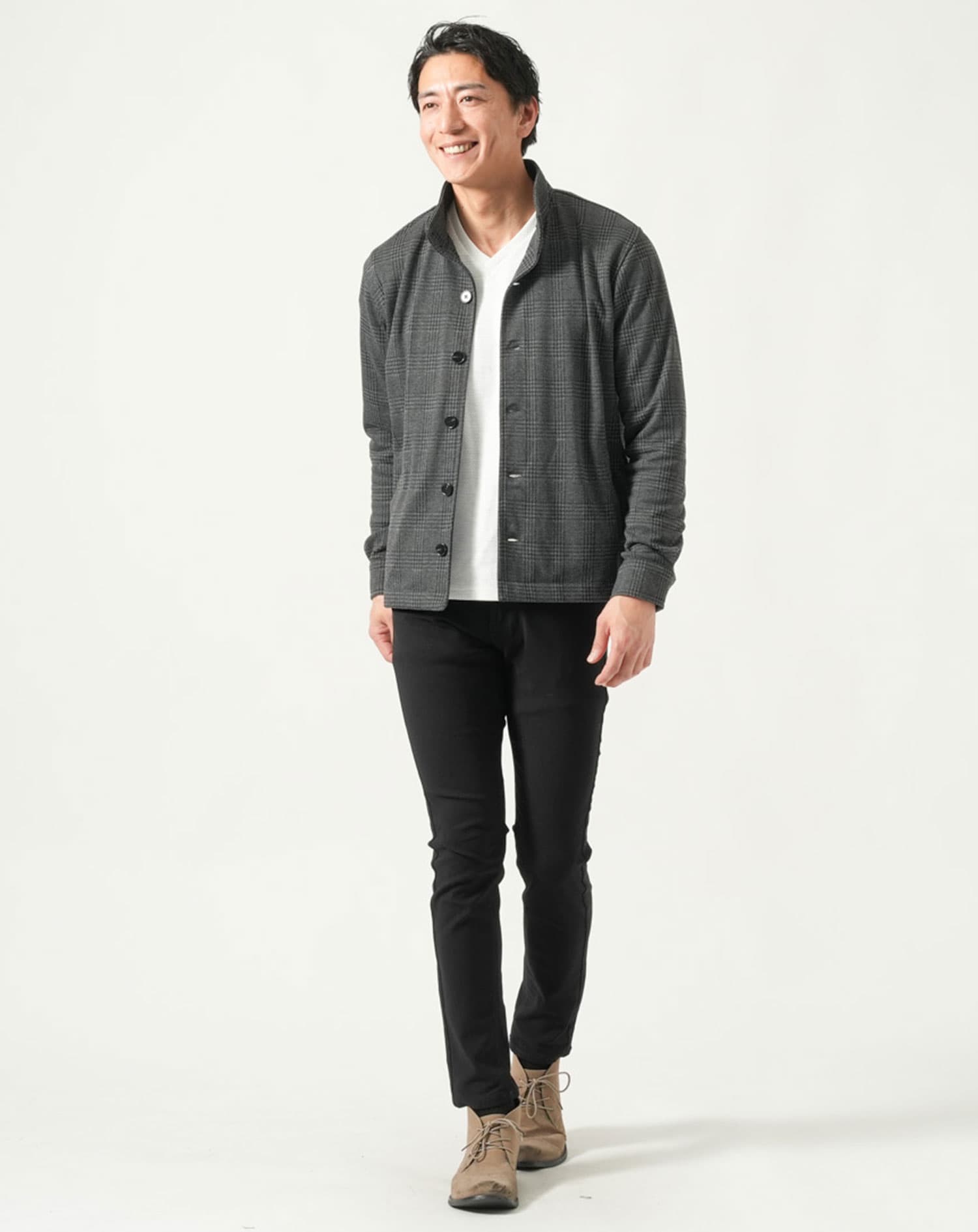 グレンチェックスタンドカラー長袖ジャケット