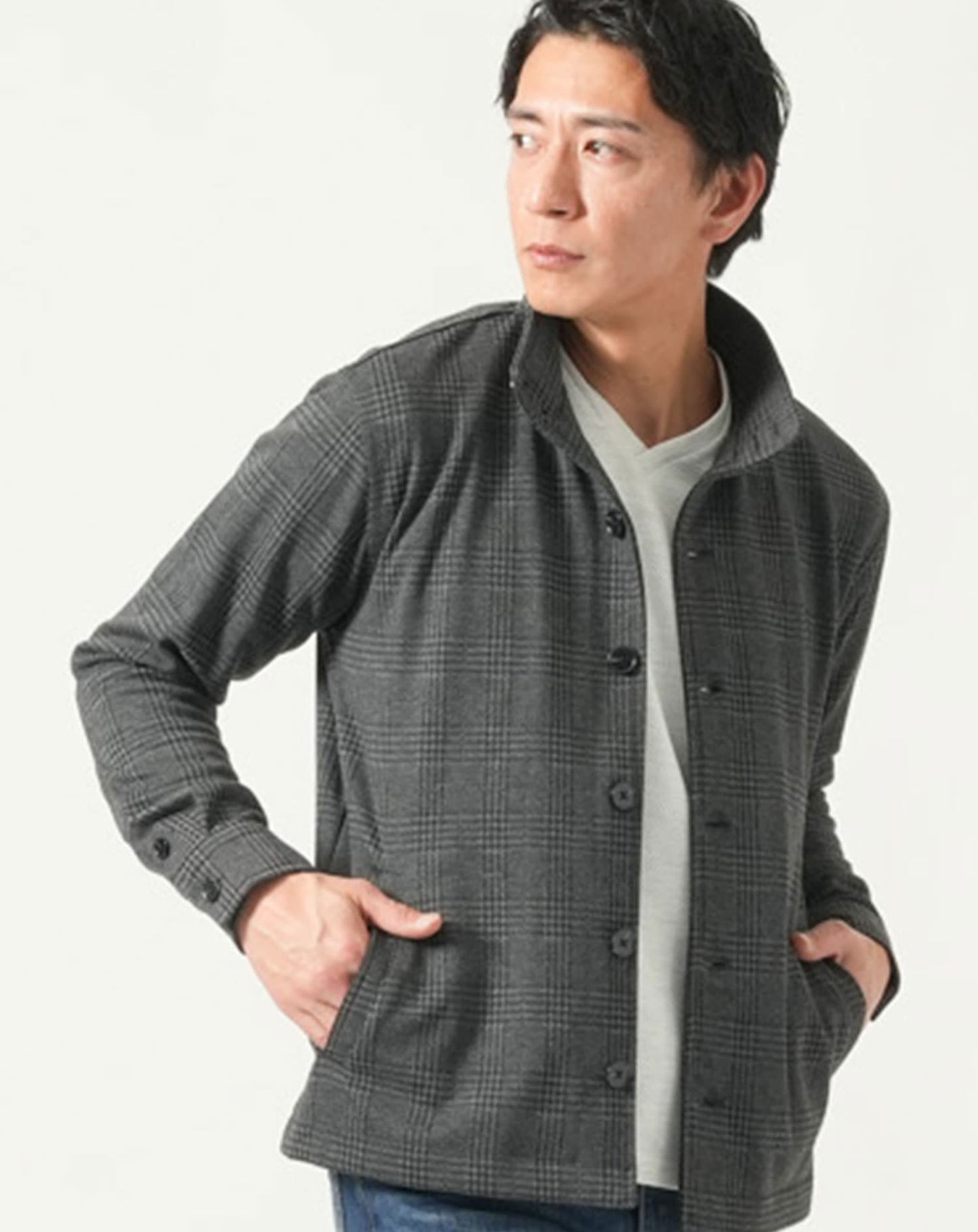 グレンチェックスタンドカラー長袖ジャケット