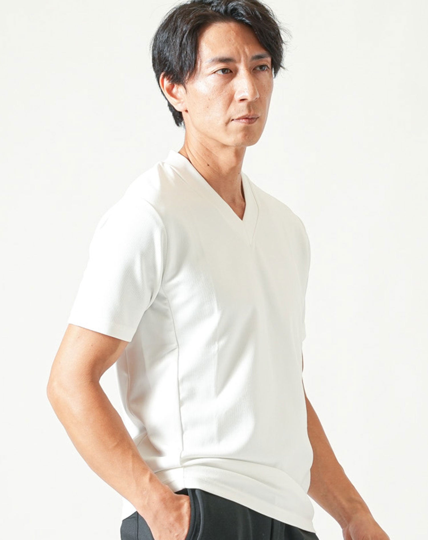 スリムフィットテレコVネック半袖Tシャツ