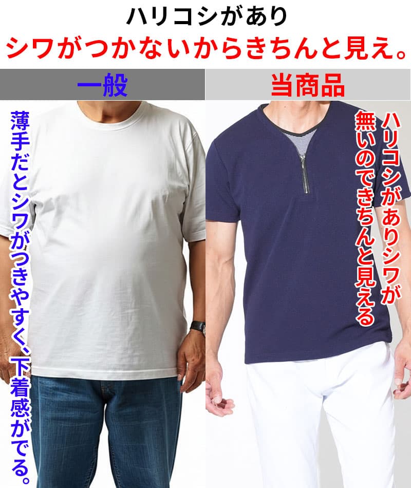 透け・肌着感ゼロ。きちんと見える接触冷感ジップフェイクレイヤードVネック半袖Ｔシャツ