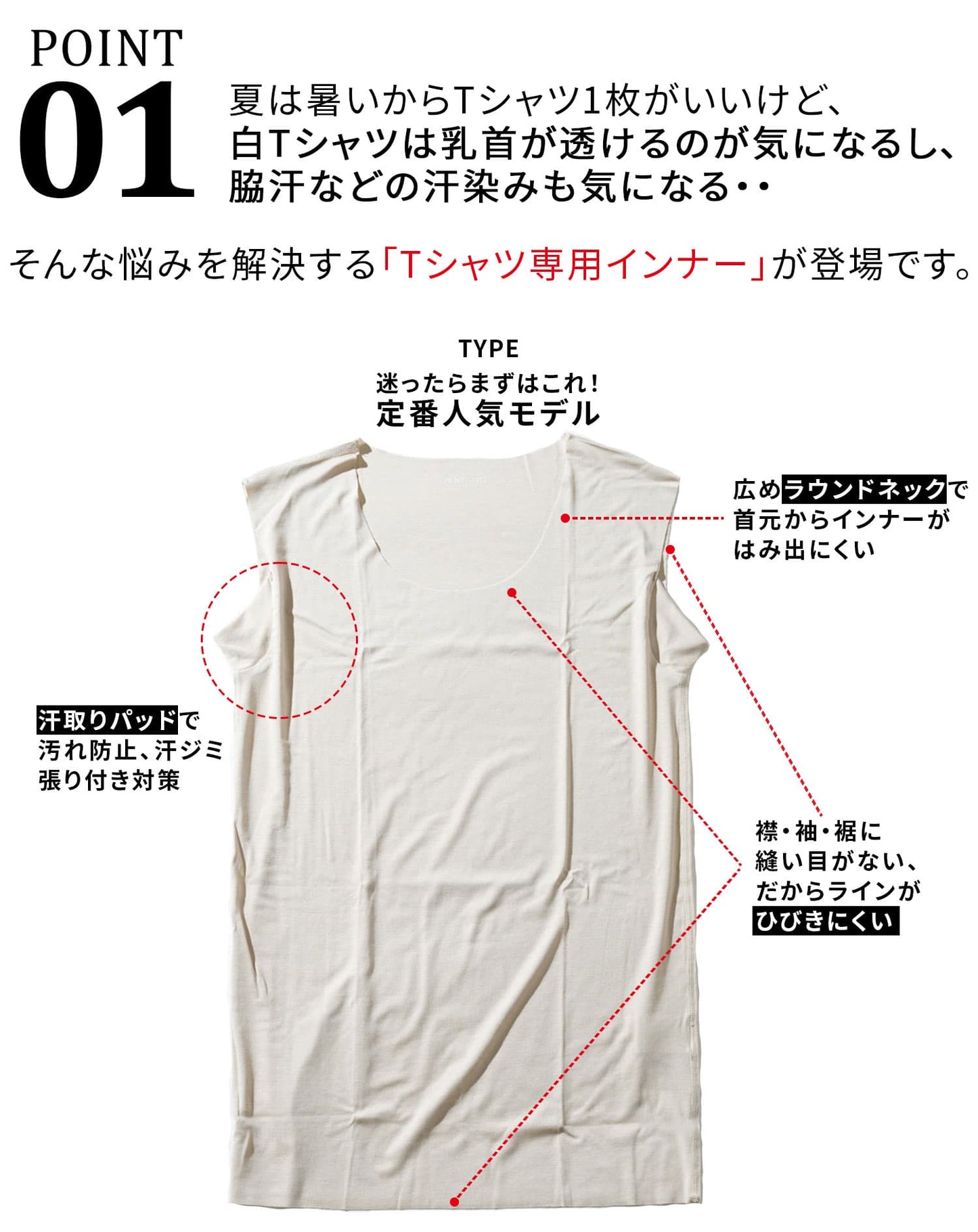 接触冷感汗取りパット付きカットオフUネックノースリーブインナー