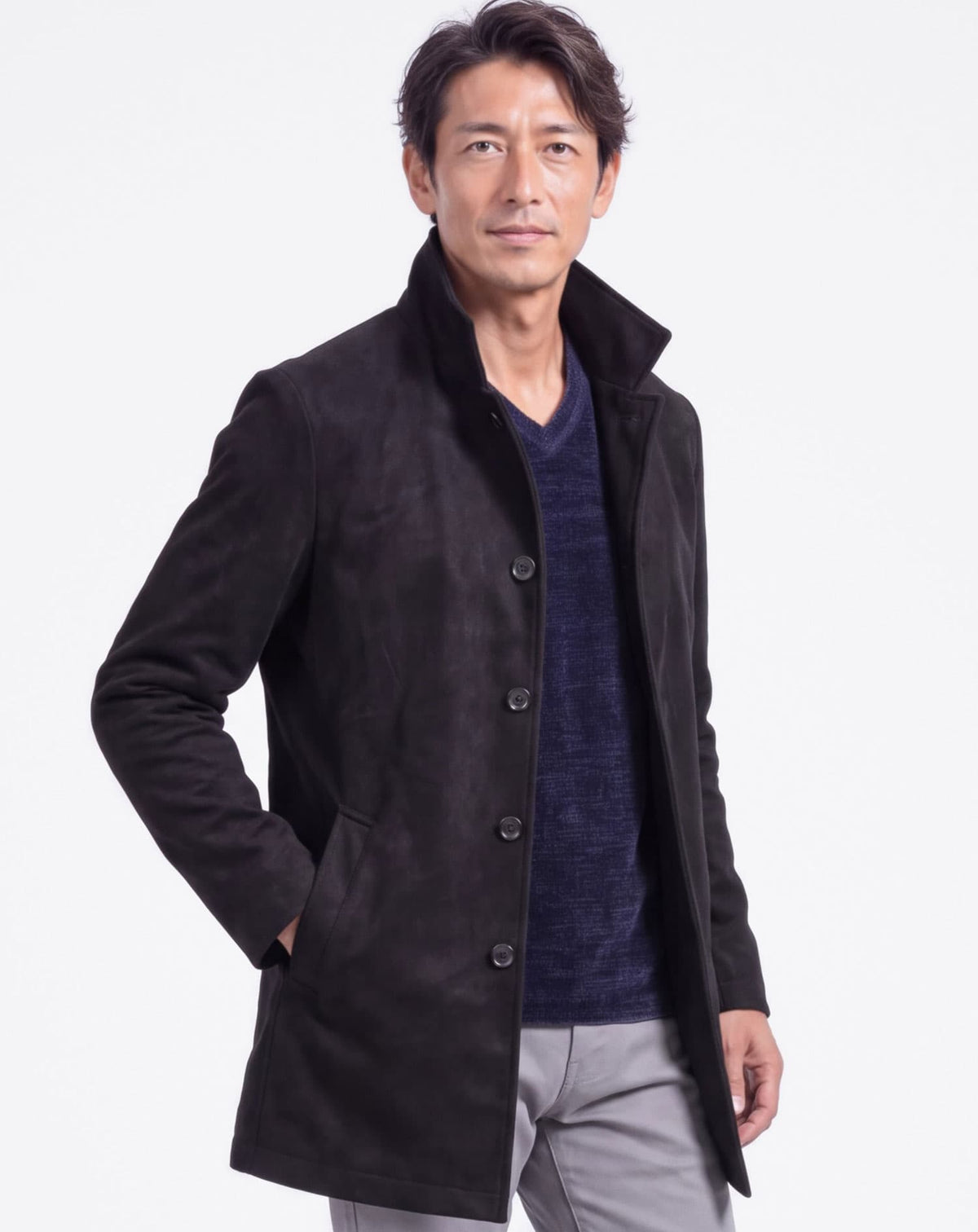 襟ワイヤースタンドカラーセミロングスエードコート