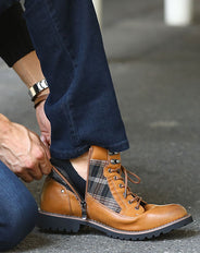 チェックデザインPUレザーサイドジップブーツ