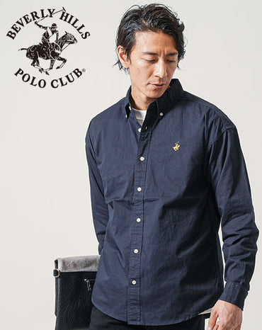 ワンポイント刺繍ツイル素材オーバーサイズ長袖ボタンダウン無地・デニムシャツ