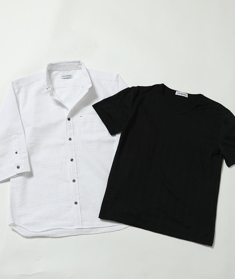 7分袖ボタンダウンストライプシャツ×テレコ素材半袖VネックTシャツ　2点セット
