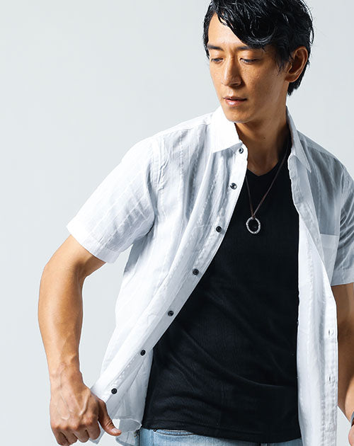 ドビーストライプ半袖シャツ×ランダムテレコ半袖VネックTシャツ　2点セット