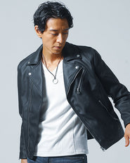 防風加工PUレザーダブルライダース長袖ストレッチジャケット
