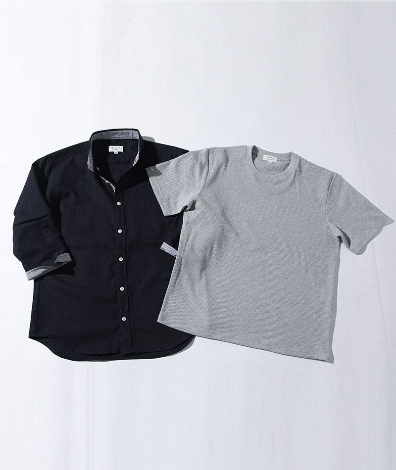 パナマ織り7分袖シャツ×ワッフルクルーネック半袖Tシャツ　2枚セット