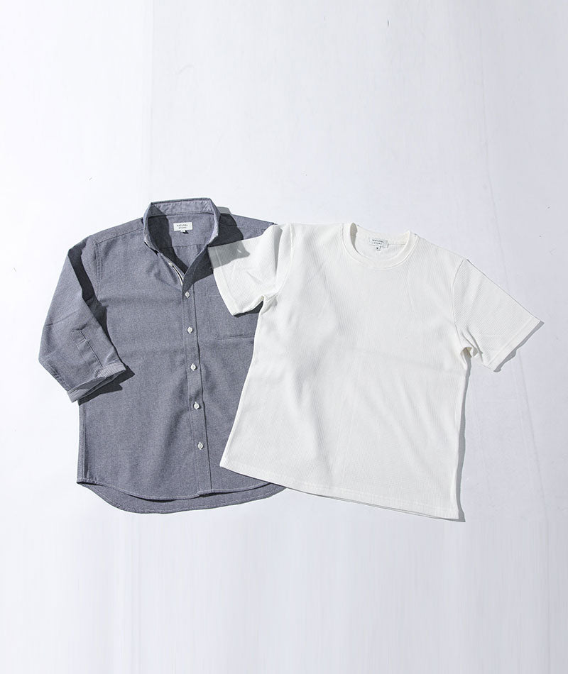 2枚セット メンズ パナマ織り7分袖シャツ×ワッフルクルーネック半袖T