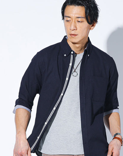 パナマ織り7分袖シャツ×ワッフルクルーネック半袖Tシャツ　2枚セット
