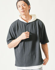 オーバーサイズフェイクレイヤード5分袖プルオーバーパーカー