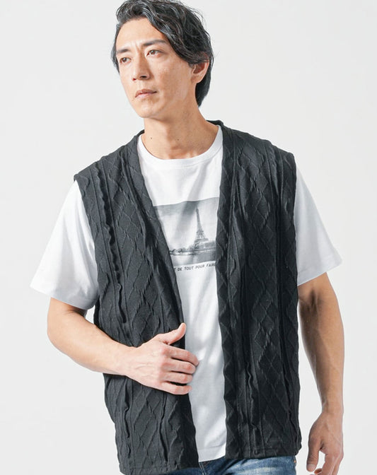アラン編みニットベスト×プリントクルーネック半袖Tシャツ 2枚セット