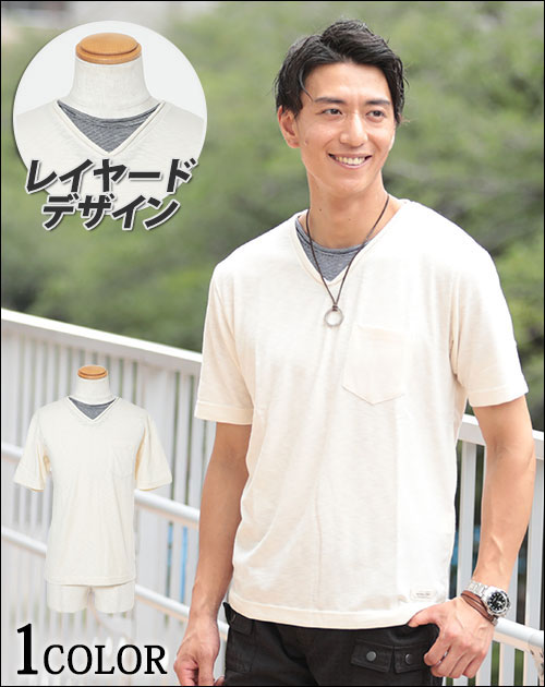 フェイクレイヤードVネック半袖Tシャツ