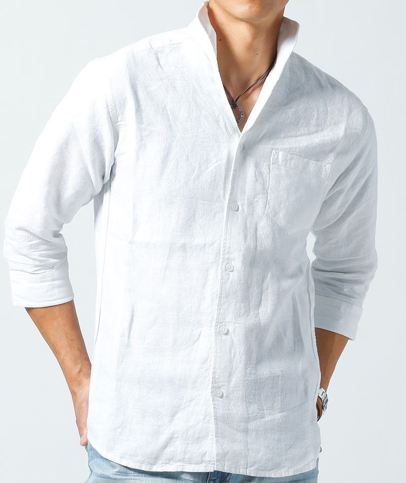 フレンチリネン素材スタンドカラー7分袖シャツ ｜ メンズ