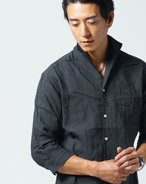 フレンチリネン スタンドカラーシャツ リネンブレンドストライプ 7分袖スタンドカラーシャツ(71645437