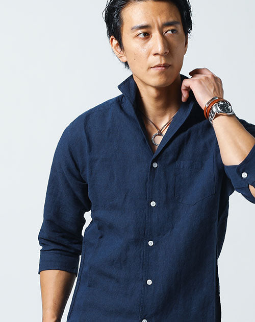 フレンチリネン スタンドカラーシャツ リネンブレンドストライプ 7分袖スタンドカラーシャツ(71645437