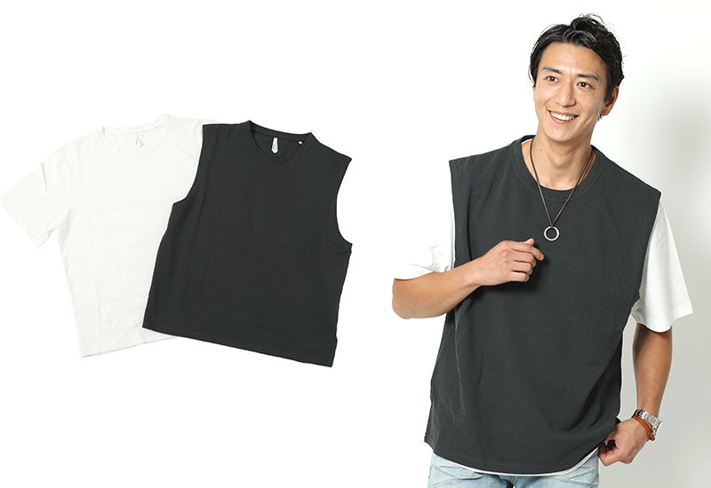 「セール品」リラックスシルエット半袖Tシャツ×シンプルベスト　２点セット
