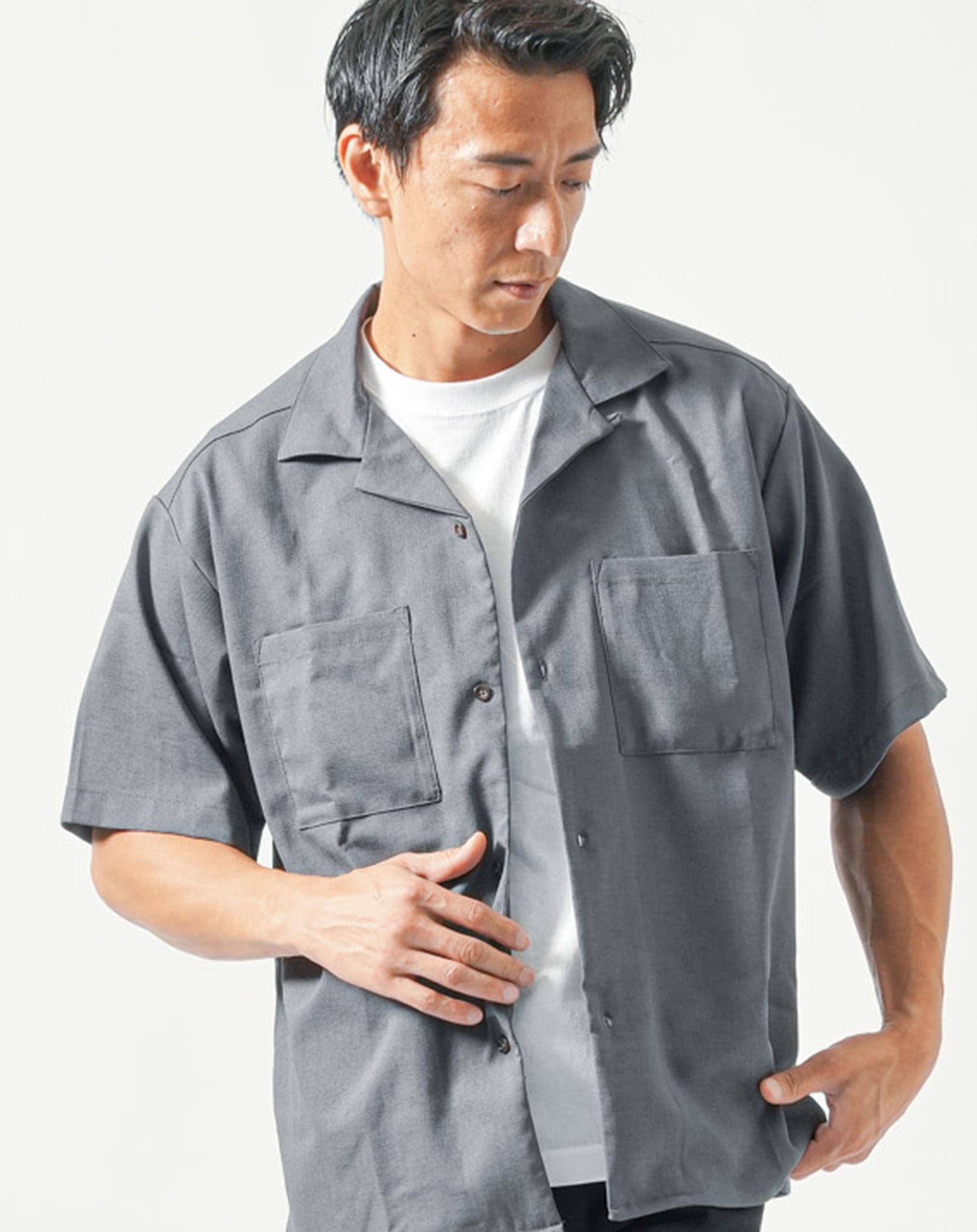 リネンライクオーバーサイズ半袖オープンカラーシャツ