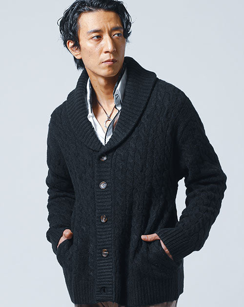 ケーブル編みオーバーサイズショールカラーカーディガン