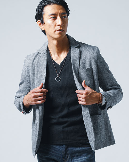 ヘリンボーンデザインくるみボタンウール混テーラードジャケット