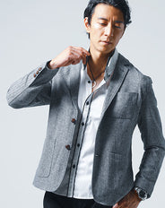 ヘリンボーンデザインくるみボタンウール混テーラードジャケット