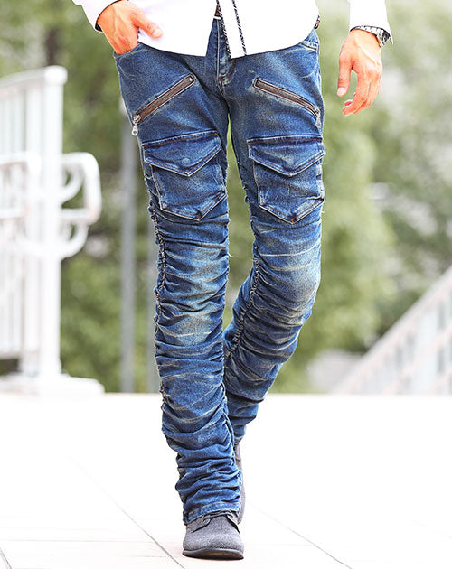 ジップデザインフラップポケットくしゅくしゅデニムパンツ