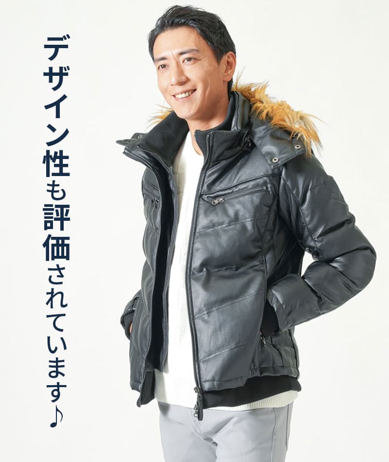 湿式PUレザーファーフード付き中綿ダウンジャケット