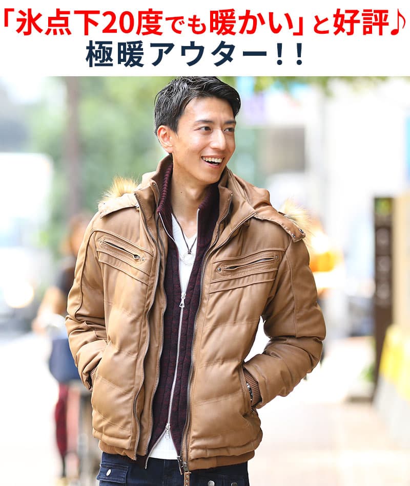 湿式PUレザーファーフード付き中綿ダウンジャケット