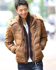 湿式PUレザーファーフード付き中綿ダウンジャケット