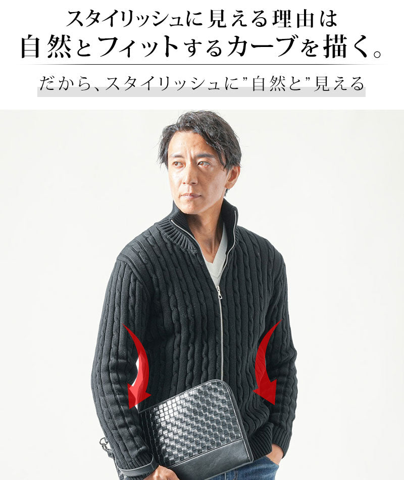 ケーブル編み込みジップアップスタンドニットアウター