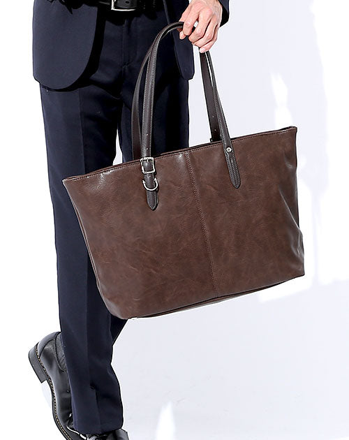 メンズにおすすめのダークブラウンB4対応PUレザートートバッグ