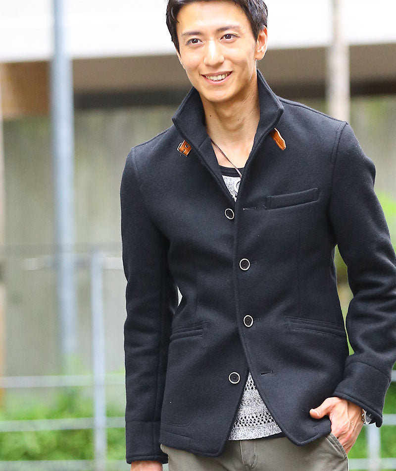 日本製レザーベルト付きショート丈メルトンイタリアンスタンドコート Biz