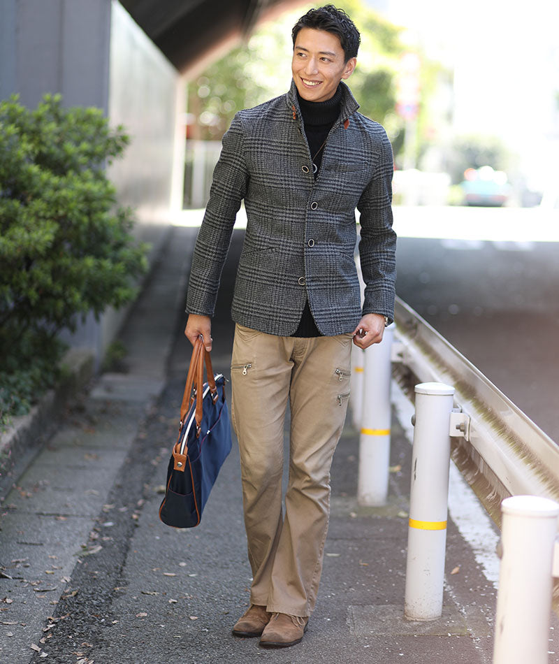 日本製レザーベルト付きショート丈メルトンイタリアンスタンドコート Biz