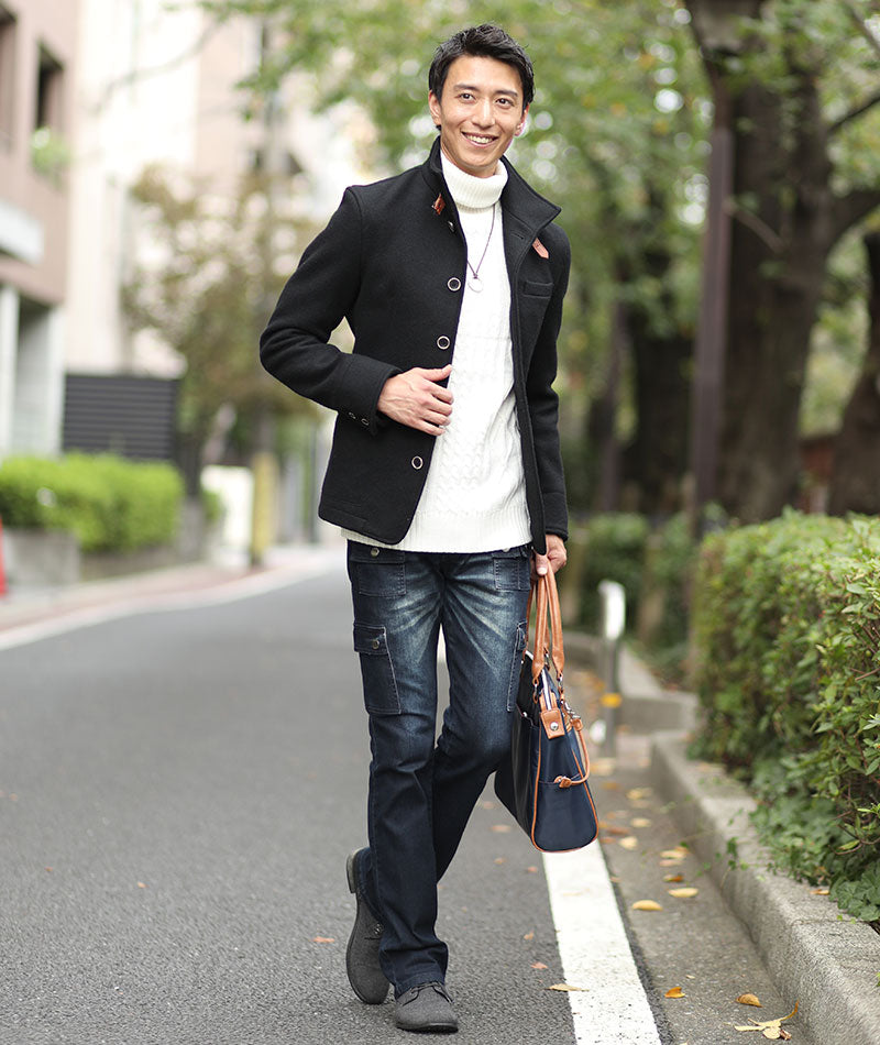 日本製レザーベルト付きショート丈メルトンイタリアンスタンドコート Biz