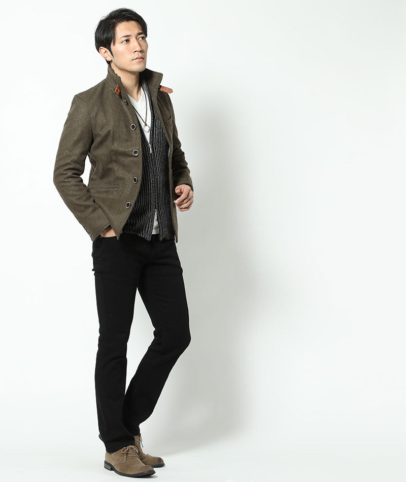 日本製レザーベルト付きショート丈メルトンイタリアンスタンドコート Biz