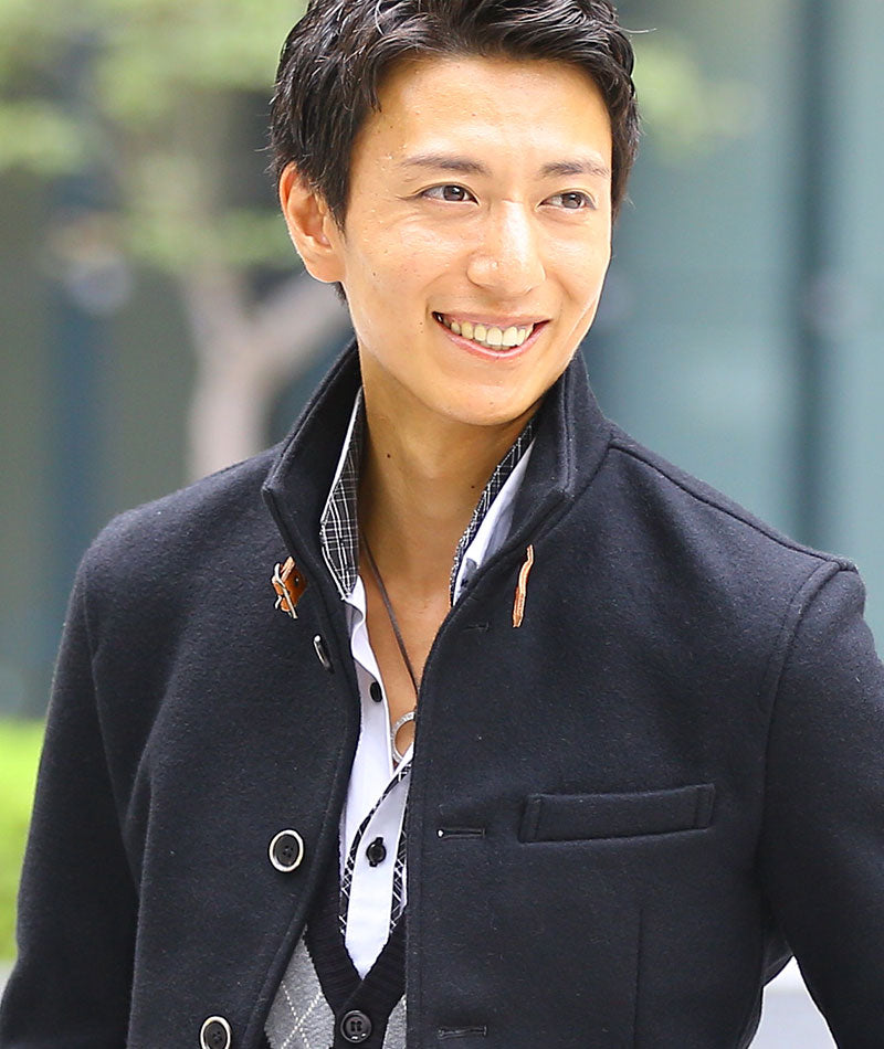 日本製レザーベルト付きショート丈メルトンイタリアンスタンドコート Biz