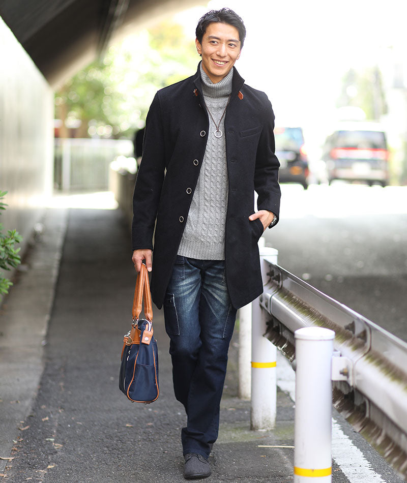 日本製レザーベルト付きショート丈メルトンイタリアンスタンドコート Biz