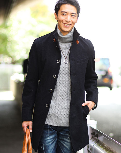 日本製レザーベルト付きショート丈メルトンイタリアンスタンドコート Biz