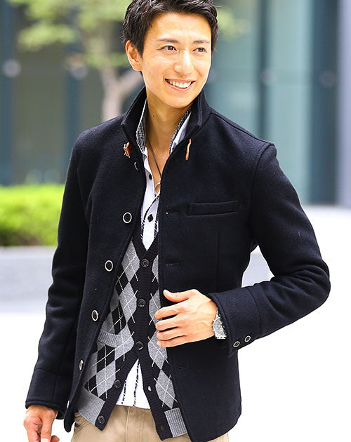 日本製レザーベルト付きショート丈メルトンイタリアンスタンドコート Biz