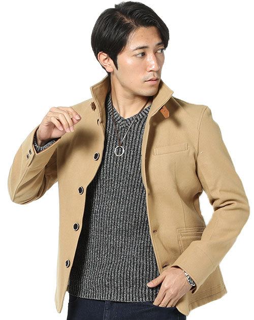 日本製レザーベルト付きショート丈メルトンイタリアンスタンドコート Biz