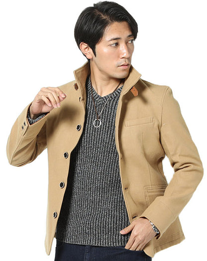 日本製レザーベルト付きショート丈メルトンイタリアンスタンドコート Biz